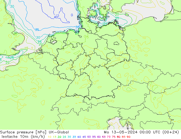 Isotachs (kph) UK-Global  13.05.2024 00 UTC