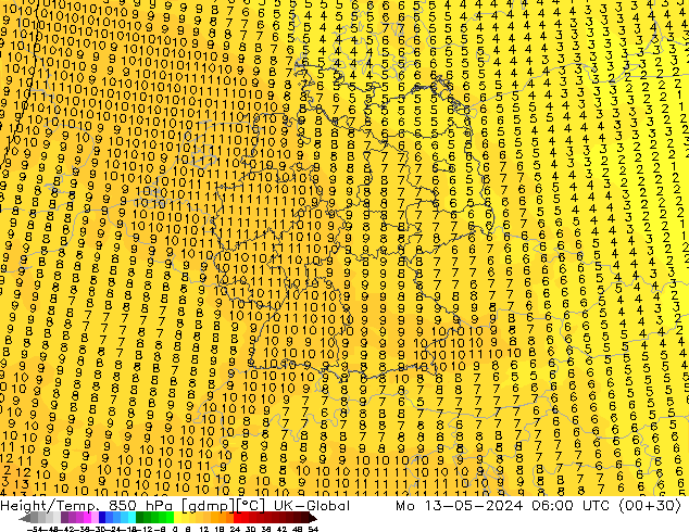 Hoogte/Temp. 850 hPa UK-Global ma 13.05.2024 06 UTC