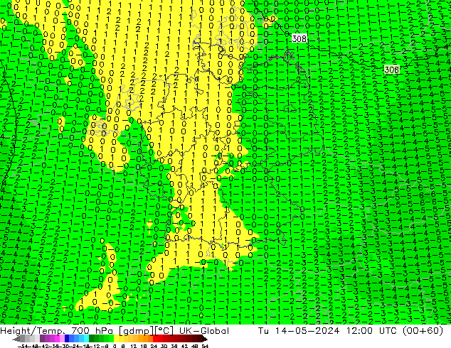 Hoogte/Temp. 700 hPa UK-Global di 14.05.2024 12 UTC