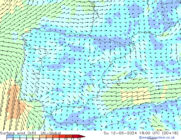 Surface wind (bft) UK-Global Su 12.05.2024 18 UTC