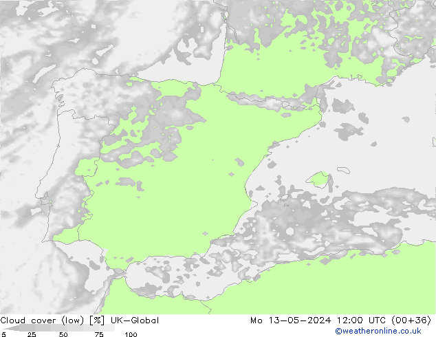 Cloud cover (low) UK-Global Mo 13.05.2024 12 UTC