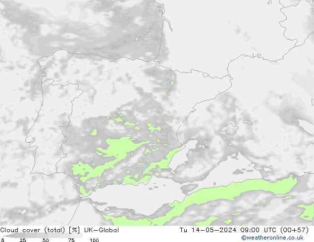Bewolking (Totaal) UK-Global di 14.05.2024 09 UTC