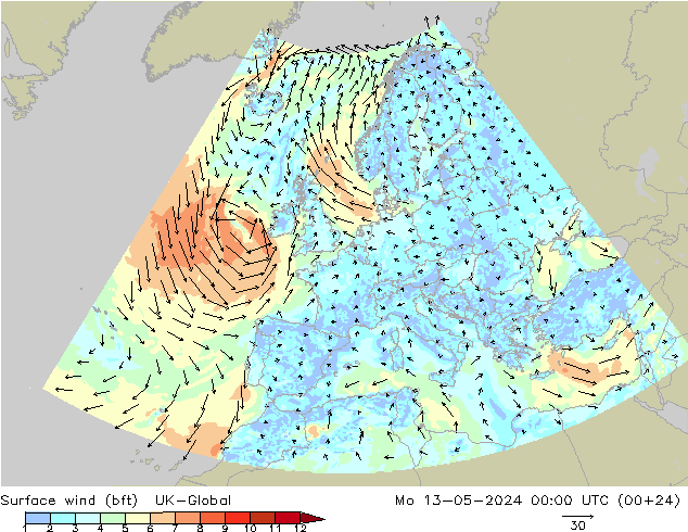 wiatr 10 m (bft) UK-Global pon. 13.05.2024 00 UTC