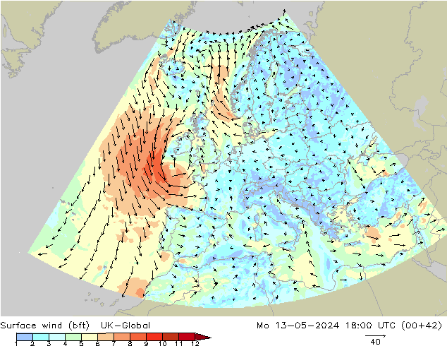 Vent 10 m (bft) UK-Global lun 13.05.2024 18 UTC