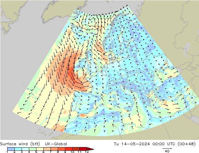 Surface wind (bft) UK-Global Tu 14.05.2024 00 UTC