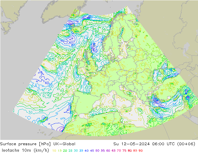 Isotachs (kph) UK-Global Su 12.05.2024 06 UTC