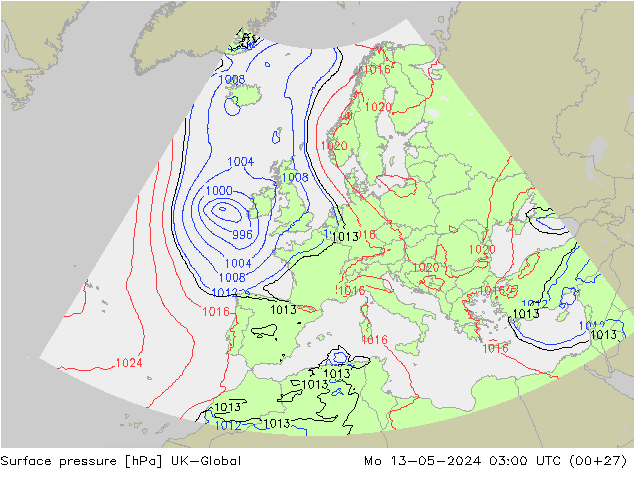 Atmosférický tlak UK-Global Po 13.05.2024 03 UTC