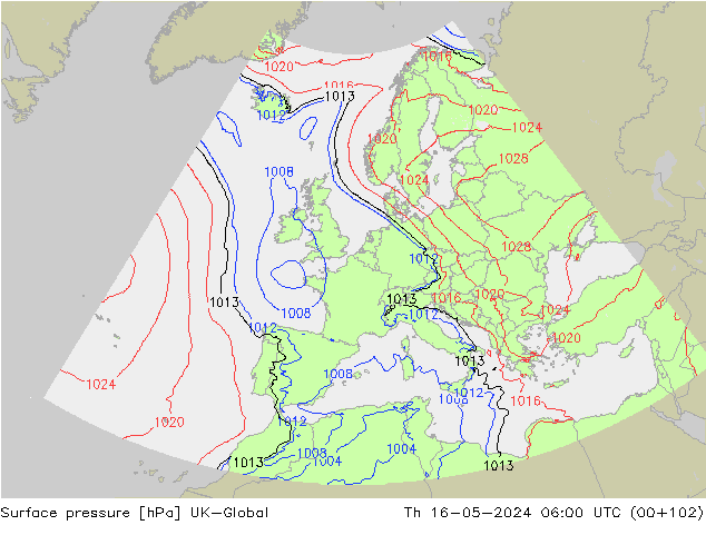 Pressione al suolo UK-Global gio 16.05.2024 06 UTC