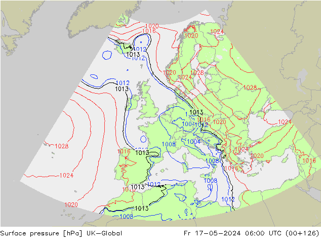 Pressione al suolo UK-Global ven 17.05.2024 06 UTC
