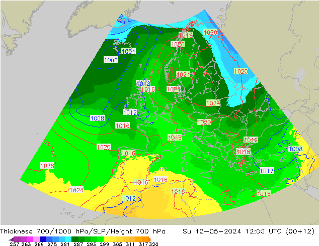 Thck 700-1000 hPa UK-Global Su 12.05.2024 12 UTC