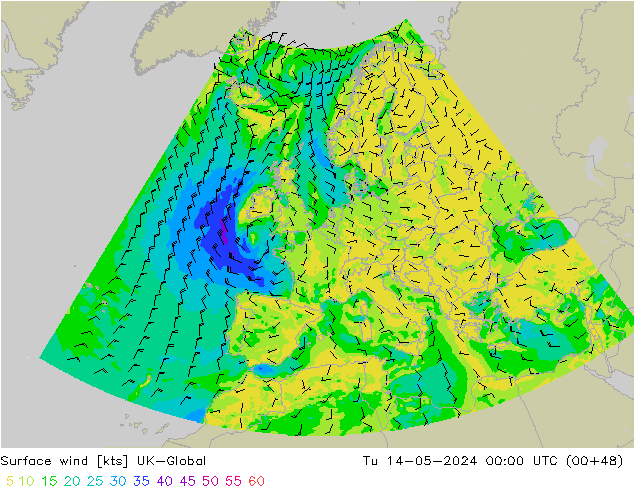 Surface wind UK-Global Tu 14.05.2024 00 UTC