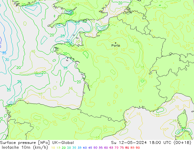 Eşrüzgar Hızları (km/sa) UK-Global Paz 12.05.2024 18 UTC