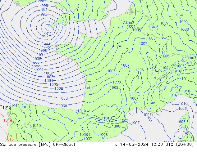 Surface pressure UK-Global Tu 14.05.2024 12 UTC