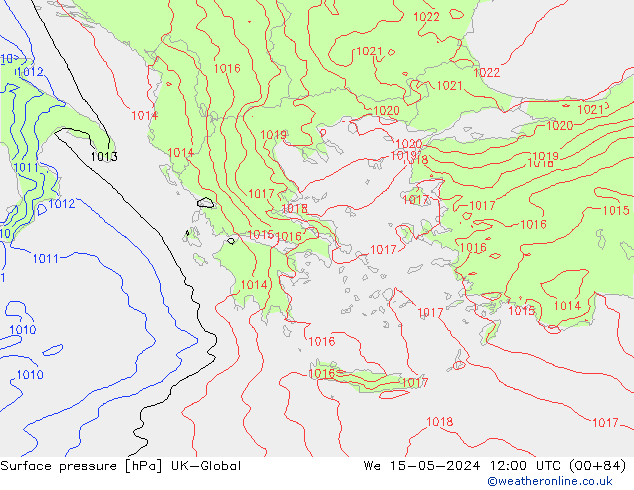 Pressione al suolo UK-Global mer 15.05.2024 12 UTC