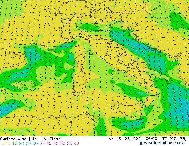 Surface wind UK-Global St 15.05.2024 06 UTC