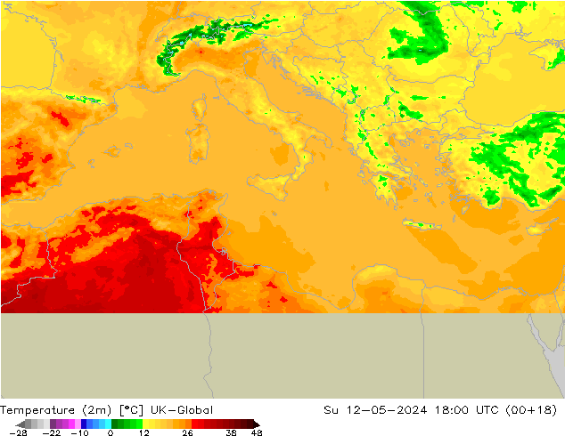 Temperatura (2m) UK-Global Dom 12.05.2024 18 UTC