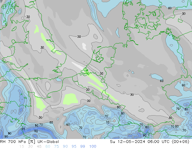 Humedad rel. 700hPa UK-Global dom 12.05.2024 06 UTC