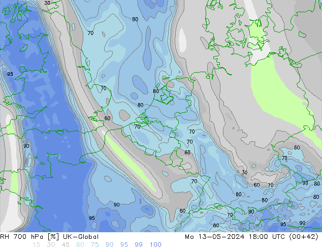 Humidité rel. 700 hPa UK-Global lun 13.05.2024 18 UTC