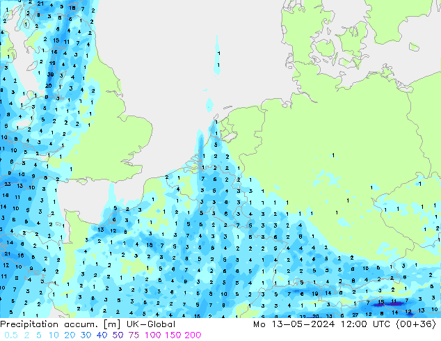 Precipitación acum. UK-Global lun 13.05.2024 12 UTC