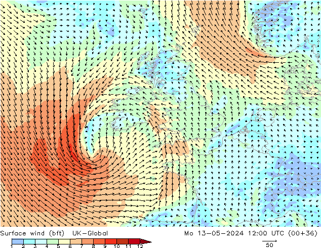 Surface wind (bft) UK-Global Mo 13.05.2024 12 UTC