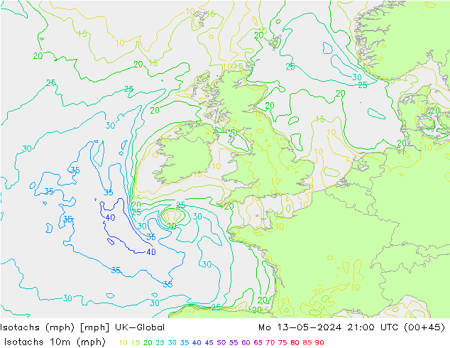 Isotachen (mph) UK-Global ma 13.05.2024 21 UTC