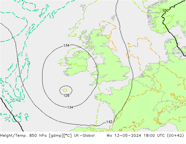 Height/Temp. 850 hPa UK-Global Mo 13.05.2024 18 UTC