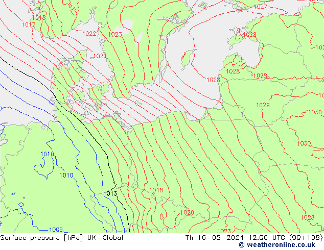 Pressione al suolo UK-Global gio 16.05.2024 12 UTC