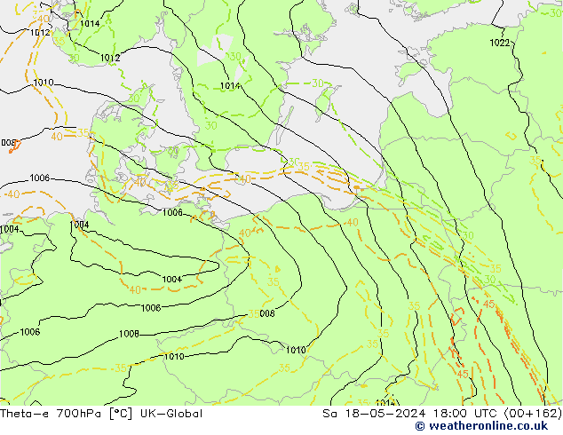 Theta-e 700hPa UK-Global Sa 18.05.2024 18 UTC