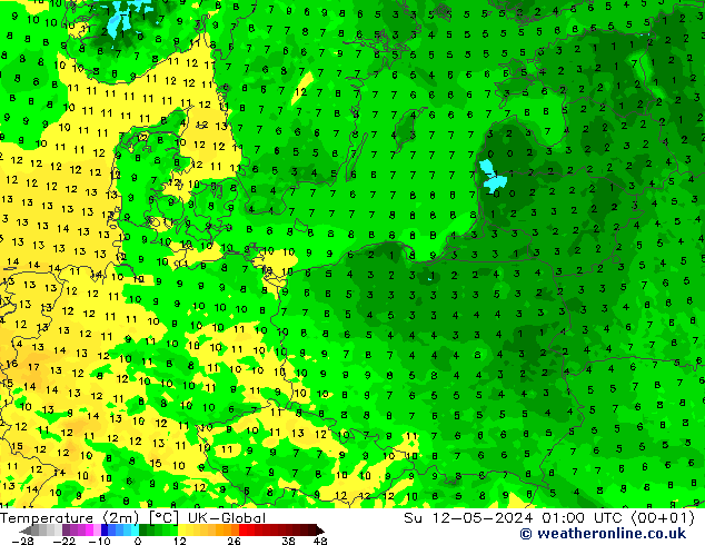 Temperature (2m) UK-Global Su 12.05.2024 01 UTC