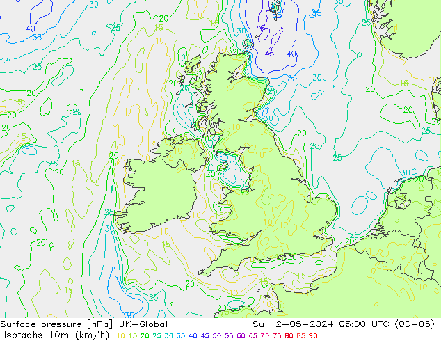 Isotachs (kph) UK-Global Su 12.05.2024 06 UTC