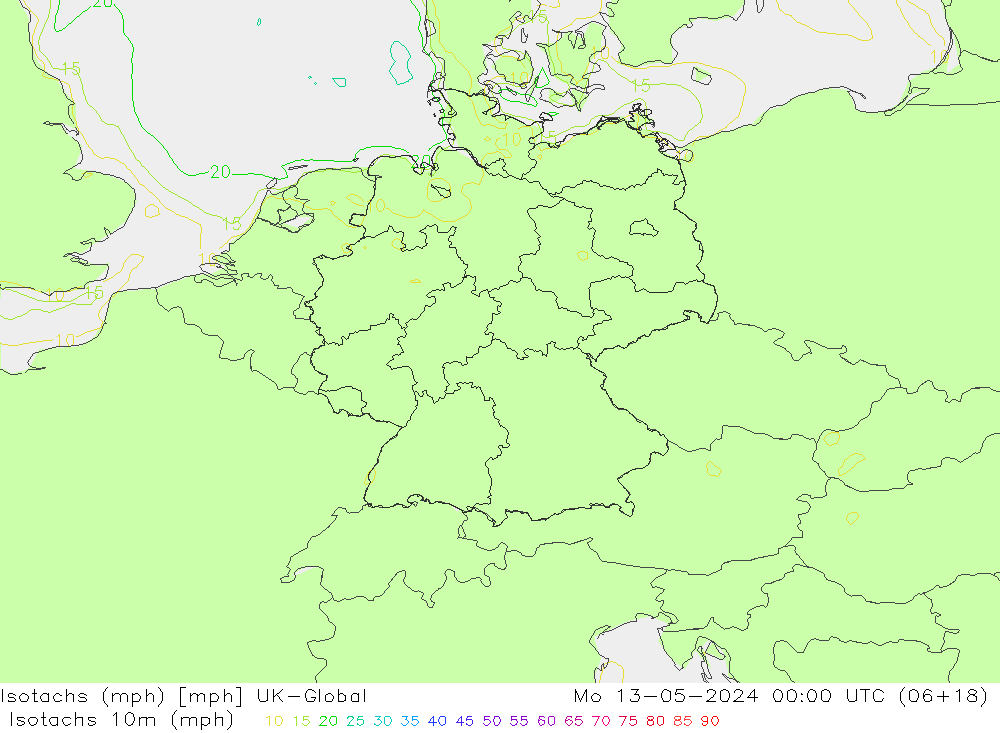Izotacha (mph) UK-Global pon. 13.05.2024 00 UTC
