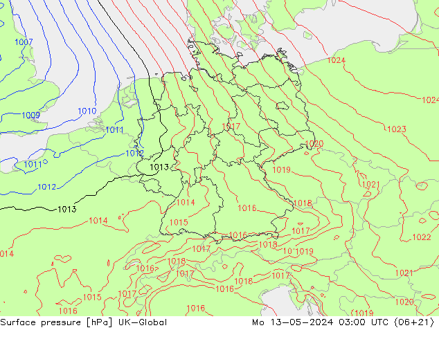 Pressione al suolo UK-Global lun 13.05.2024 03 UTC
