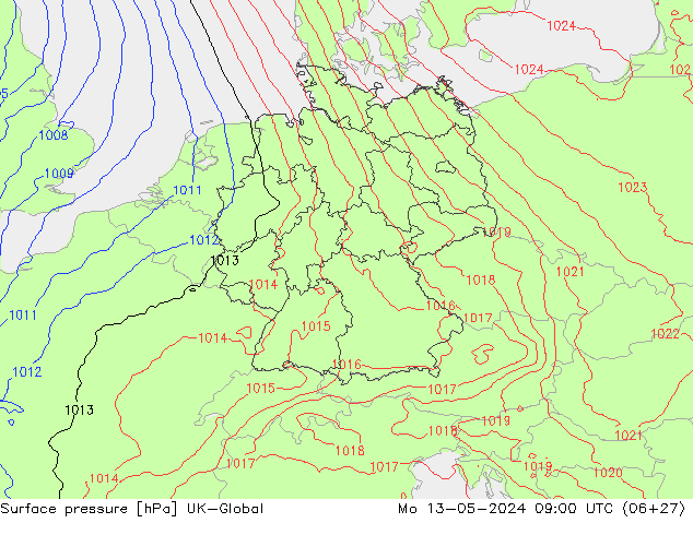 Atmosférický tlak UK-Global Po 13.05.2024 09 UTC