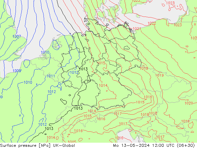 Surface pressure UK-Global Mo 13.05.2024 12 UTC