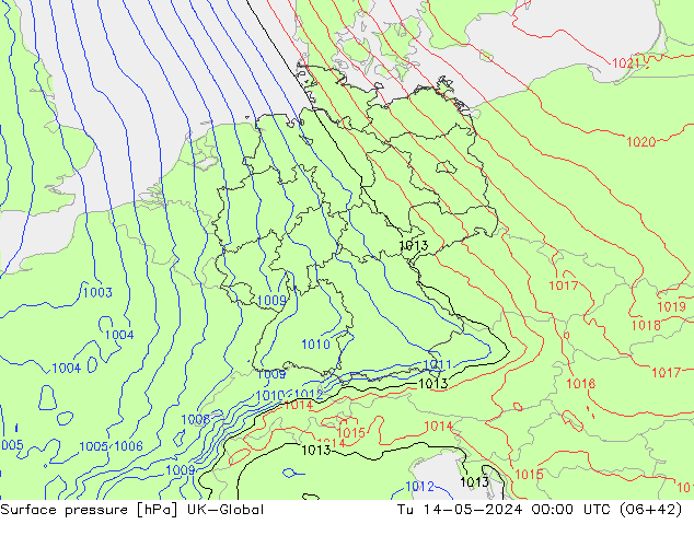 Surface pressure UK-Global Tu 14.05.2024 00 UTC