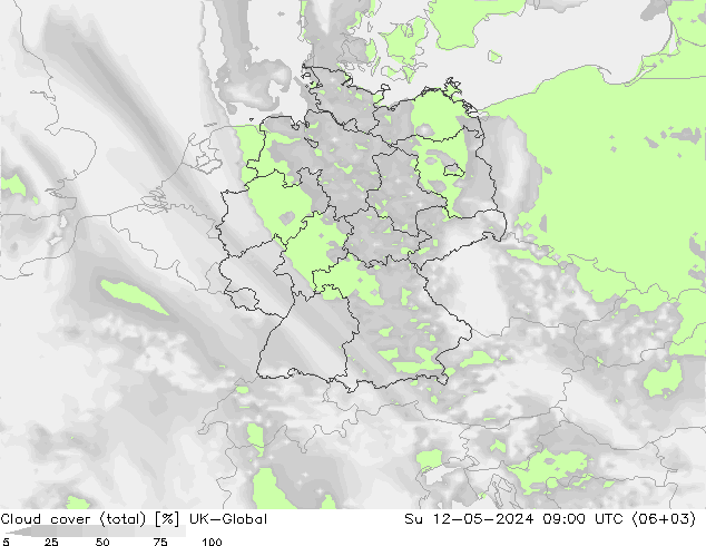 Bewolking (Totaal) UK-Global zo 12.05.2024 09 UTC