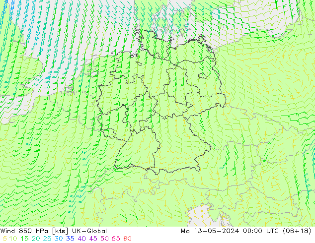 Wind 850 hPa UK-Global Mo 13.05.2024 00 UTC