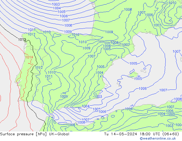 Surface pressure UK-Global Tu 14.05.2024 18 UTC