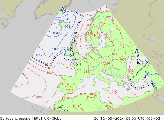 Pressione al suolo UK-Global dom 12.05.2024 09 UTC