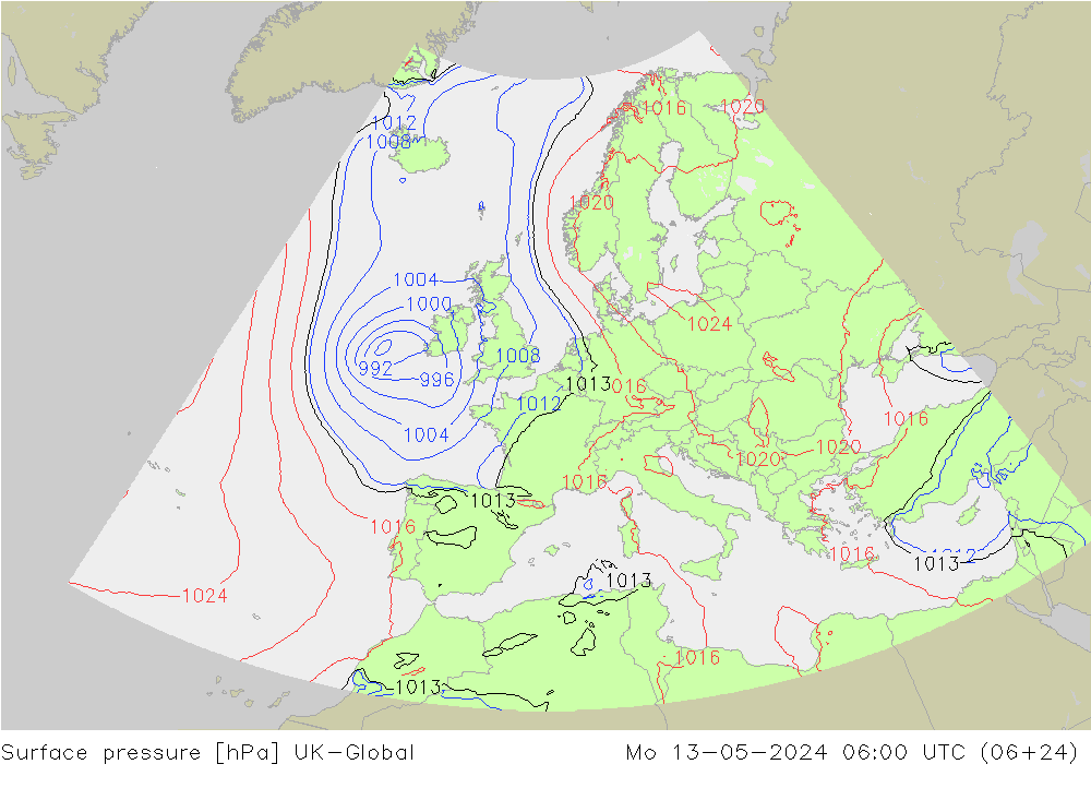 Surface pressure UK-Global Mo 13.05.2024 06 UTC