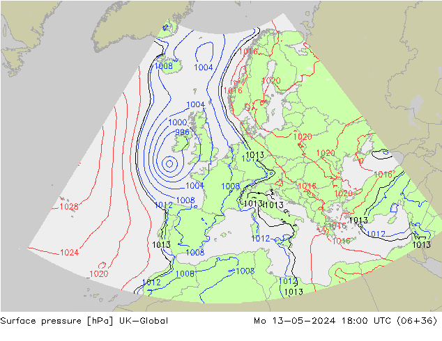 pressão do solo UK-Global Seg 13.05.2024 18 UTC