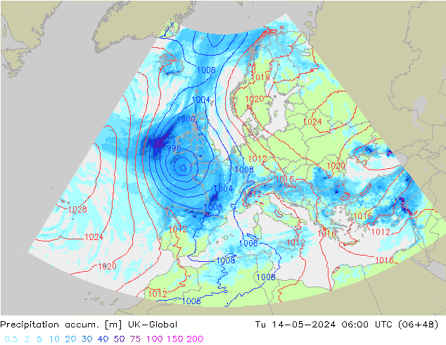 Precipitation accum. UK-Global Tu 14.05.2024 06 UTC
