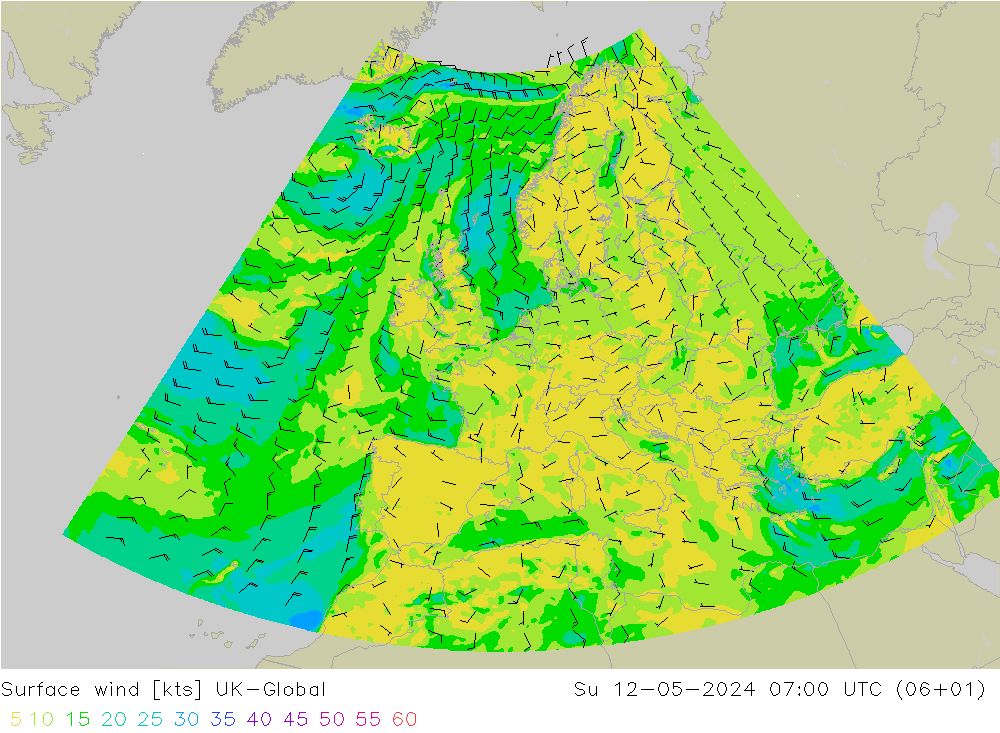 Surface wind UK-Global Su 12.05.2024 07 UTC