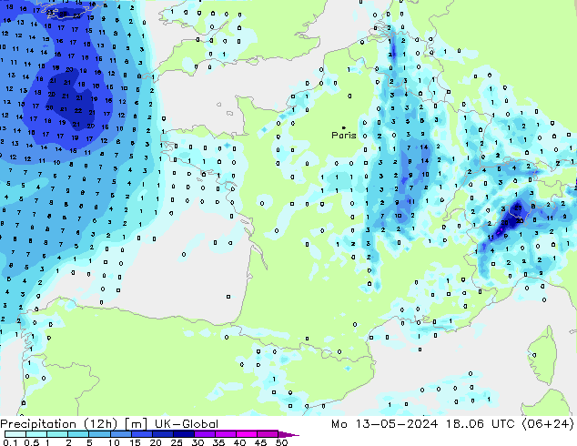 Precipitation (12h) UK-Global Mo 13.05.2024 06 UTC