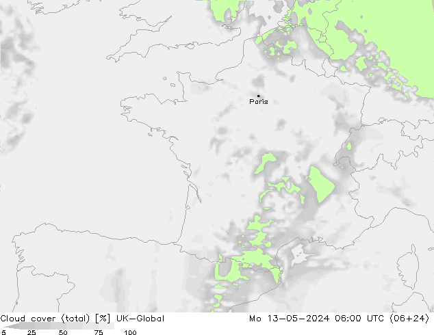 Cloud cover (total) UK-Global Mo 13.05.2024 06 UTC