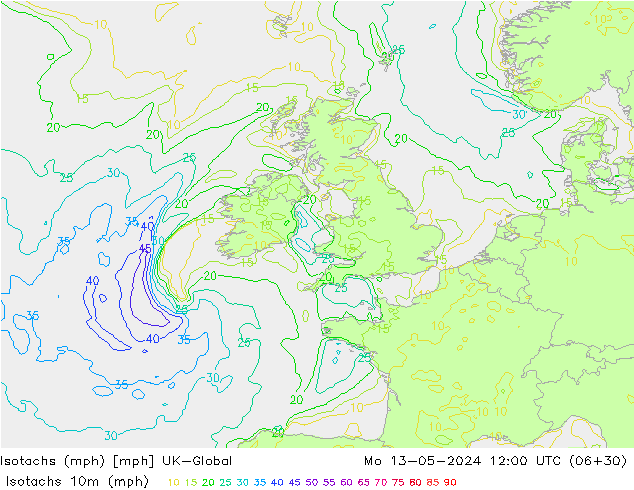 Isotachs (mph) UK-Global пн 13.05.2024 12 UTC