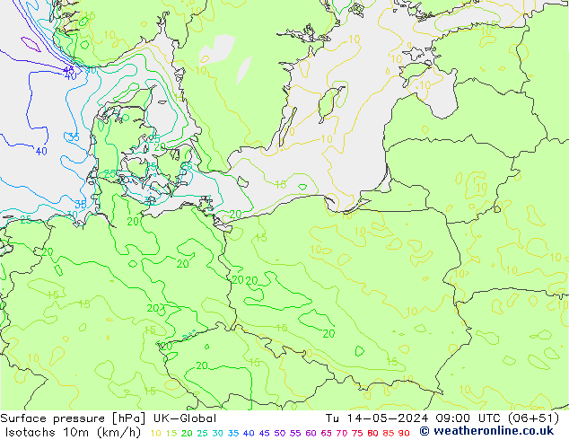 Isotachen (km/h) UK-Global di 14.05.2024 09 UTC