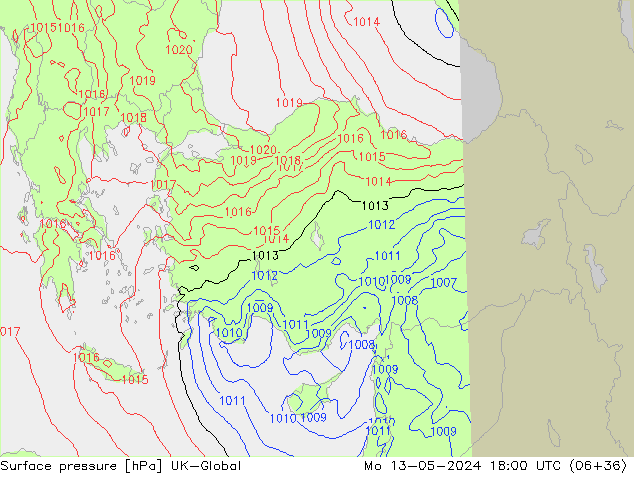 Atmosférický tlak UK-Global Po 13.05.2024 18 UTC