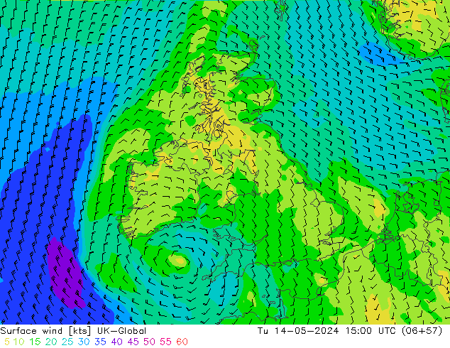 Surface wind UK-Global Út 14.05.2024 15 UTC