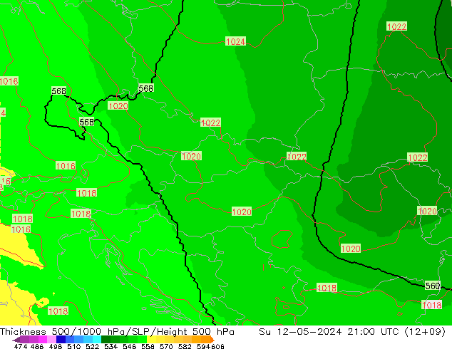 Dikte 500-1000hPa UK-Global zo 12.05.2024 21 UTC